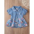 thumbnail image 2 of Vestido vaquero con lazo para niña pequeña, estampado floral, manga corta, botones con volantes, bonito vestido veraniego de mezclilla para bebé, 2 of 7