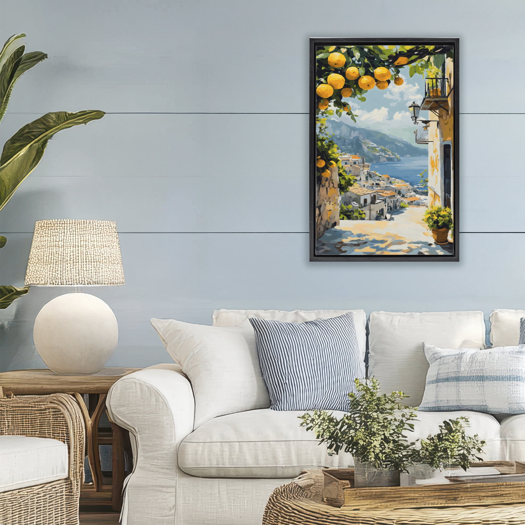 Stupell Industries Lemon Tree Overlooking Coast Black Framed Floater Canvas Wall Art, design by Creative Studio