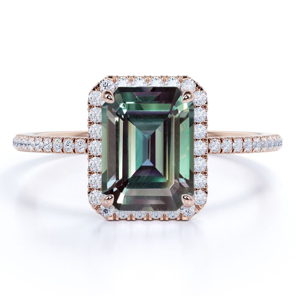 JeenMata Vintage 1.75 Carat Emerald Cut Lab Created Alexandrite and Moissanite Pave Halo Engagement Ring in 18k Rose Gold over Silver
