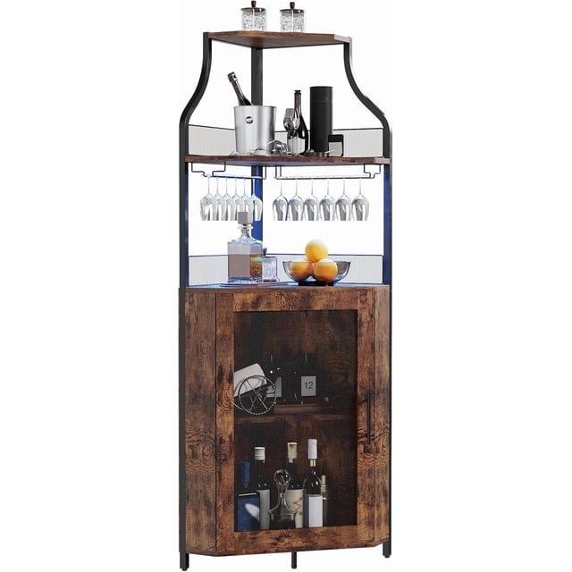 Industrial 5 niveles de esquina bar gabinete con glass holder - estilo rural liquor gabinete con estante y door para home bar, coffee bars
