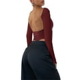 thumbnail image 4 of Women Y2K Long Sleeve Crop Tops Solid Color Round Neck Backless Basic T-shirt 90s Clothes, 4 of 6