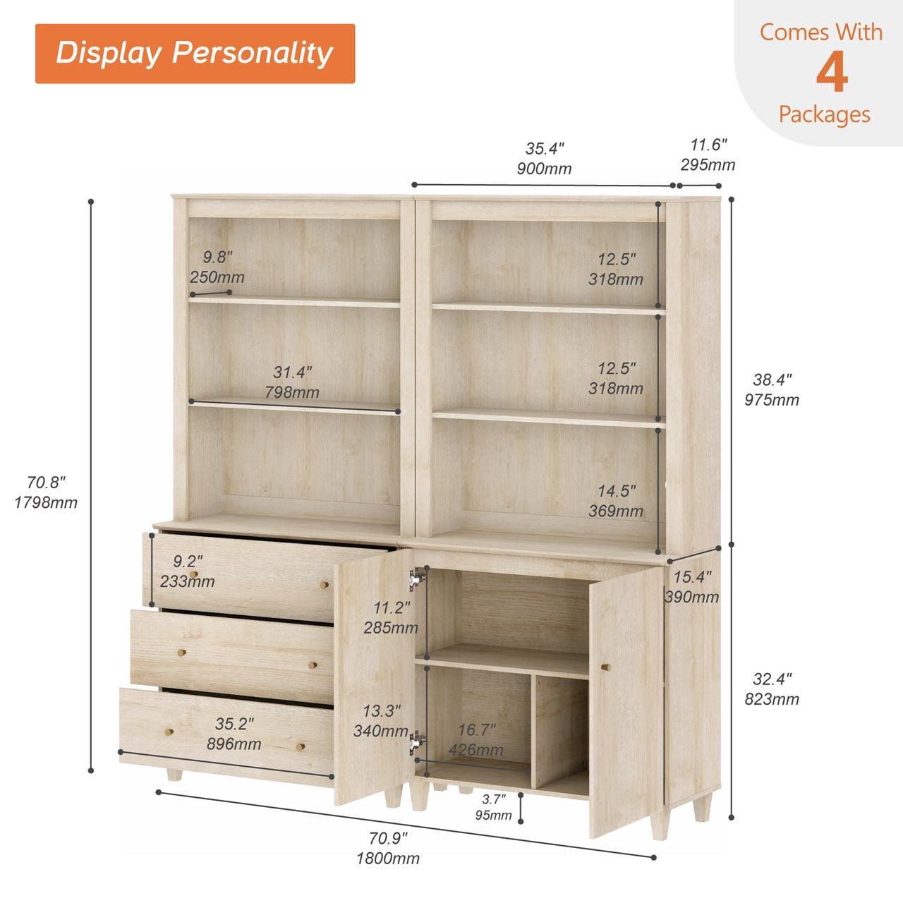 WAMPAT 71" Tall Bookshelf Set of 2, 5-Tier Modern Storage Bookcases with 1 Cabinet and 3 Drawers, Large Wooden Bookcases for Living Room, Natural Oak