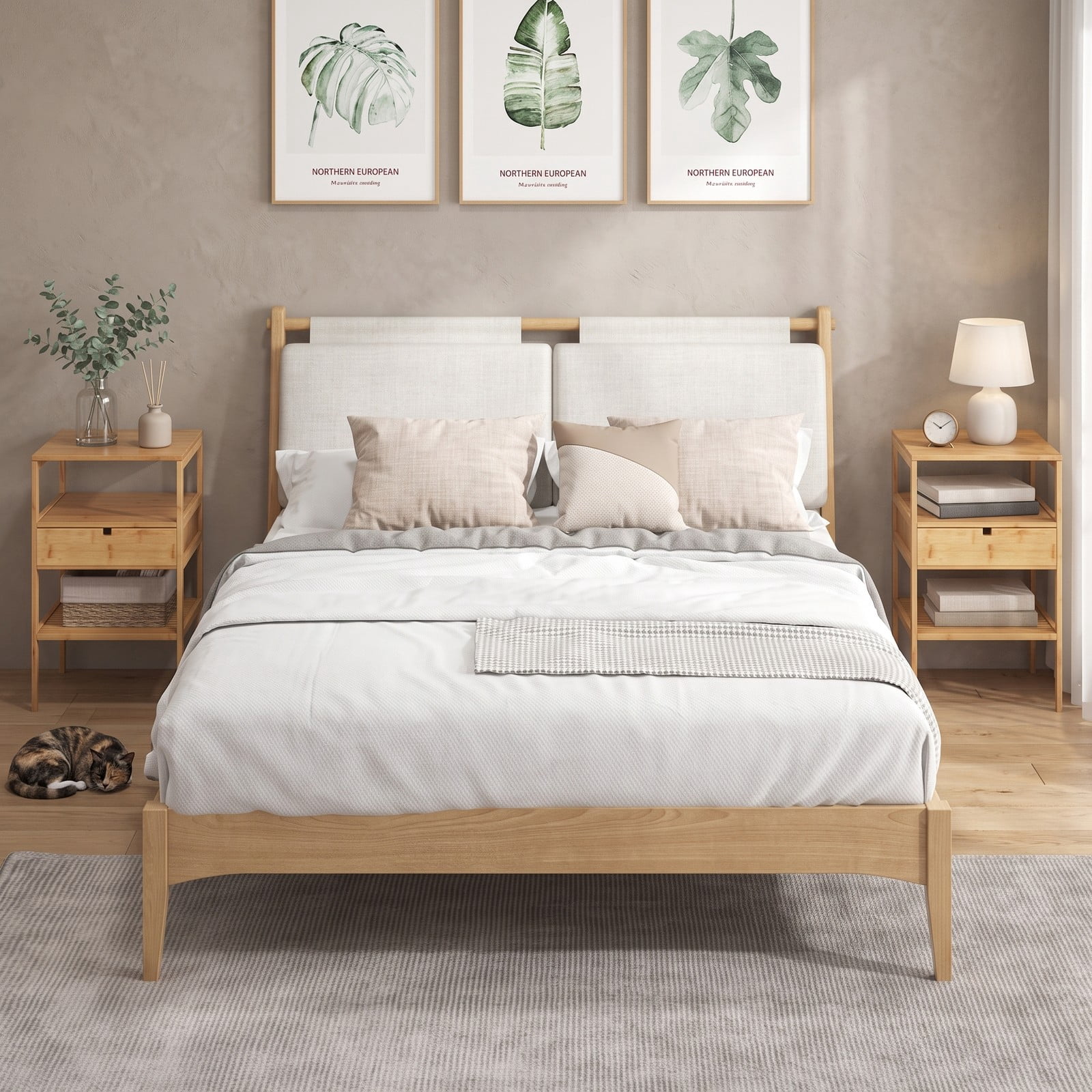 Furnibear Bamboo Nightstand Set of 2 with Storage Drawer and Slatted Open Shelf for Bedroom and Living Room, Wood Bedside Table, Natural