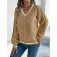 thumbnail image 2 of Women'S Long Sleeve V Neck Cable Knit Sweater 2025 Fall Pullover Top Cute Soft Dressy Casual Outfits Khaki S, 2 of 8