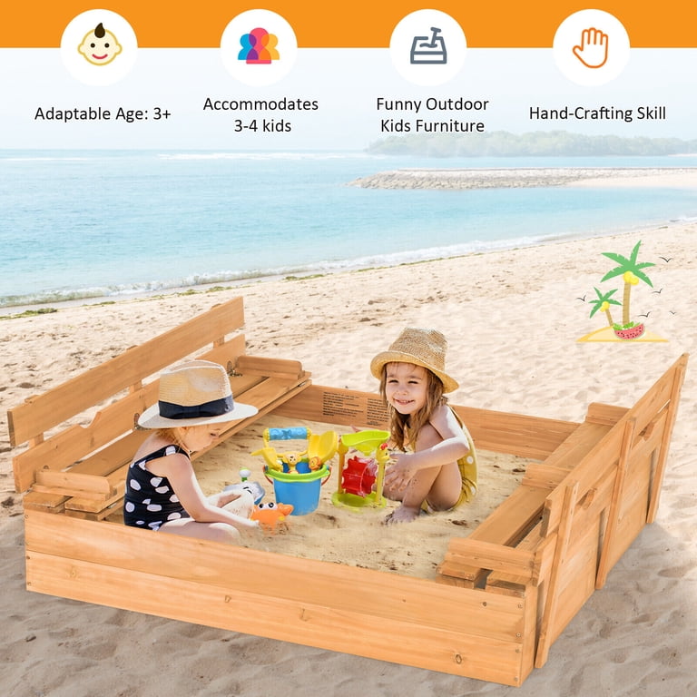 Gymax Kids Large Wooden Sandbox, Cedar Sandpit with 2 Bench Seats
