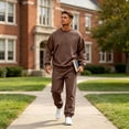thumbnail image 6 of Hearthz Men's Sweatshirt Suit 2 Piece Outfit Solid Color Long Sleeve Crew Neck Oversized Sweatshirt Jogger Sweatpants Athletic Mens Sweat Set Coffee S, 6 of 7