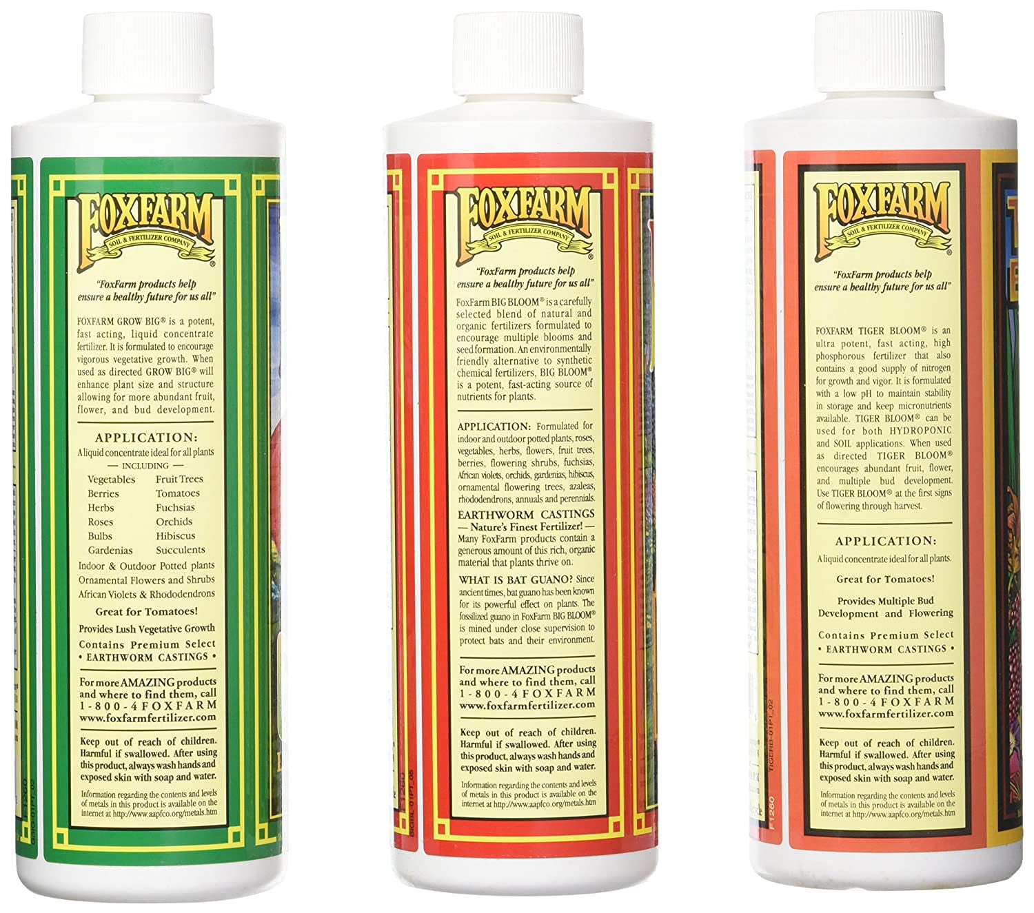 Foxfarm Liquid Nutrient Fertilizer, Grow Big, Big Bloom, Tiger Bloom Pint size, Combo Pack