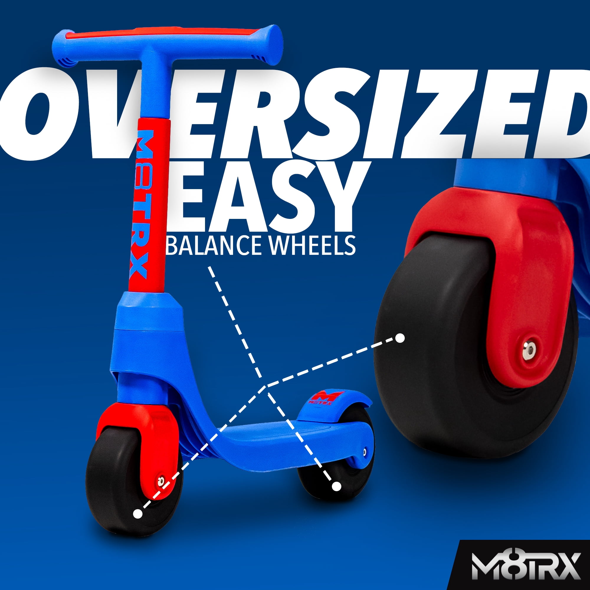 M8TRX SPORTS Two-Wheel Kick Scooter for Toddlers & Kids Ages 2-5 | Beginner Balance Scooter with Oversized Wheels, Anti-Slip Deck & Rear Foot Brake, Blue