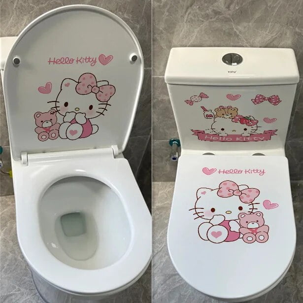 Pegatina para inodoro de dibujos animados de Hello Kitty Sanrio, divertida pegatina para tapa de inodoro, autoadhesiva impermeable, decoración de pared para inodoro