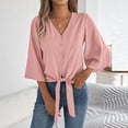 thumbnail image 4 of Vynhevius Womens 3/4 Sleeve Blouses V Neck Button Front Tie Hem Flared Solid Loose Casual Pullover Shirts, 4 of 8