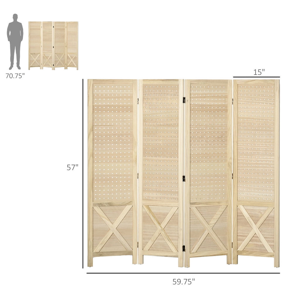Demi Bonn 57" Tall Room Dividerdoor Folding Portable Partition Screen for Home Office Garden Terrace, 4 Panel Pegboard Display Wood Wall Divider, Beige