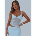 thumbnail image 6 of Women'S Sheer Mesh Camisole Tops Ruched V Neck Spaghetti Strap Crop Tank Top Blue S, 6 of 9