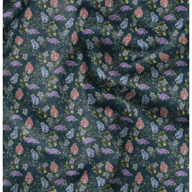 Soimoi Tissu Satin Crêpe Japonais Bleu Décor Insectes Tissu Imprimé 42 Pouces de Large