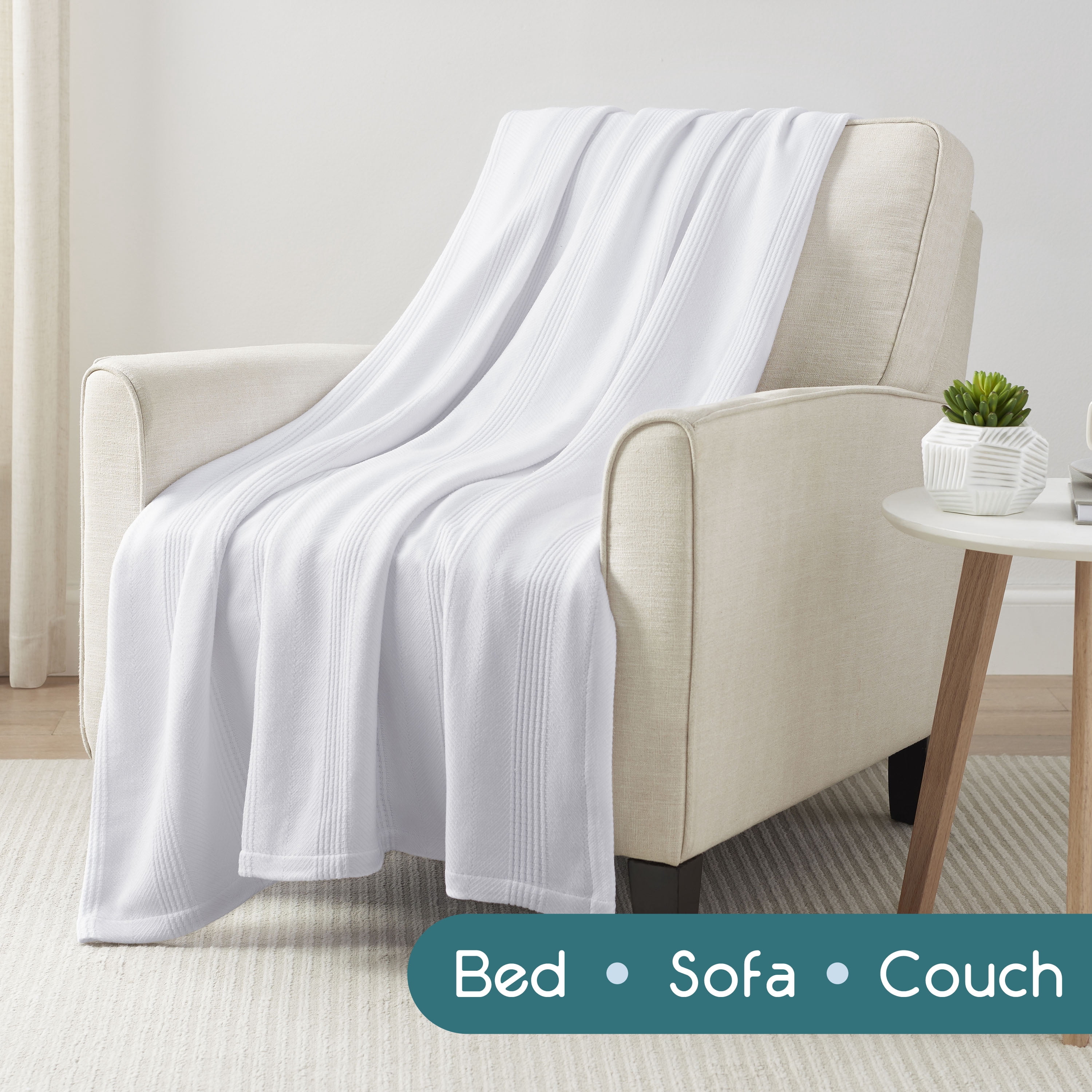 Lightweight Breathable 100% Cotton Knit Blanket – All-Season Bed Blanket – Twin Size – White