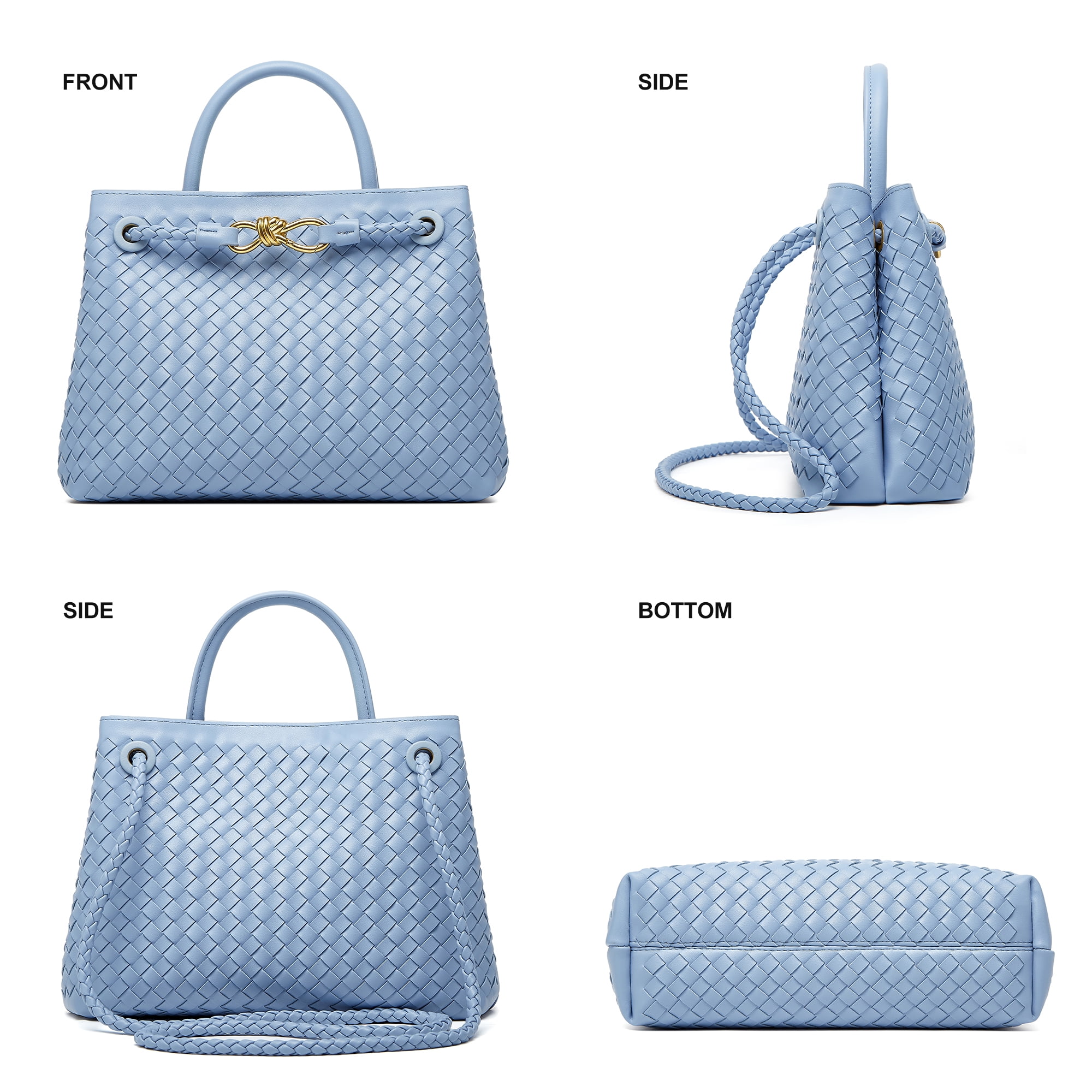 Woven Bag for Women Shoulder Purse: Vegan Leather Handbag - Handmade Tote Bag - Elegant Satchel Bag with Bowknot (Blue Color)