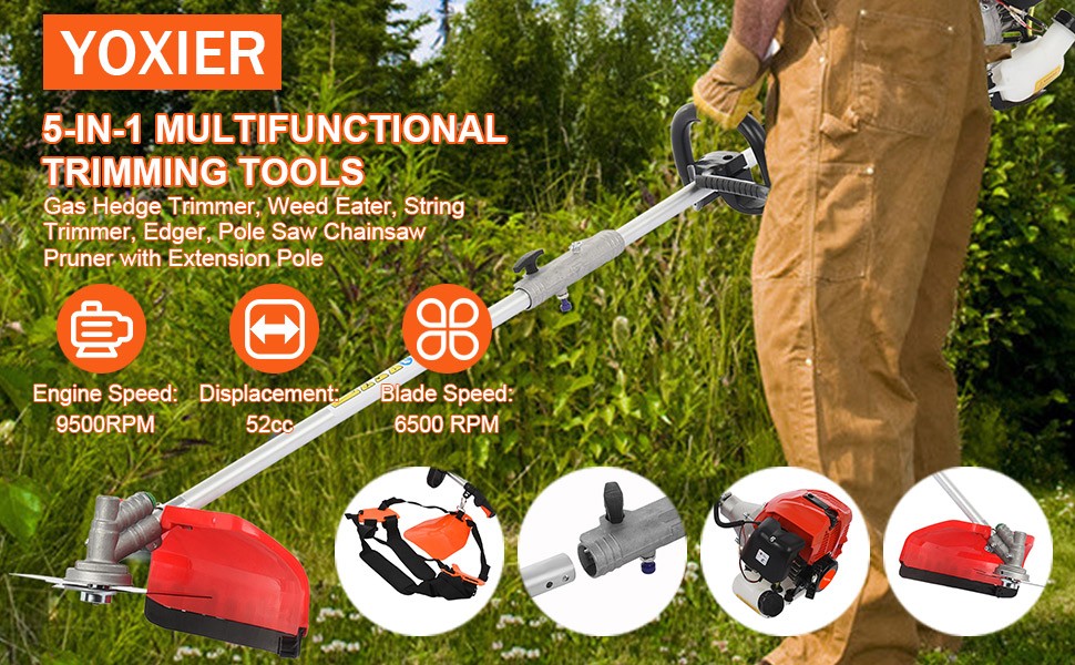 Floseru 52cc 2-Cycle Gas Weed Eater Gas Powe, 5-in-1 Gas Weed Wacker, Brush Cutter Gas Trimmer for Grass and Weed, Hedge Trimmer Gas String Trimmer, Edger, Pole Saw & Pruner