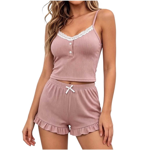 Loungewear for Women,Camisole Pajamas Set for Women Lace Trim Crop Top with Ruffle Shorts Sleepwear 2 Pieces Pjs Lounge Sets