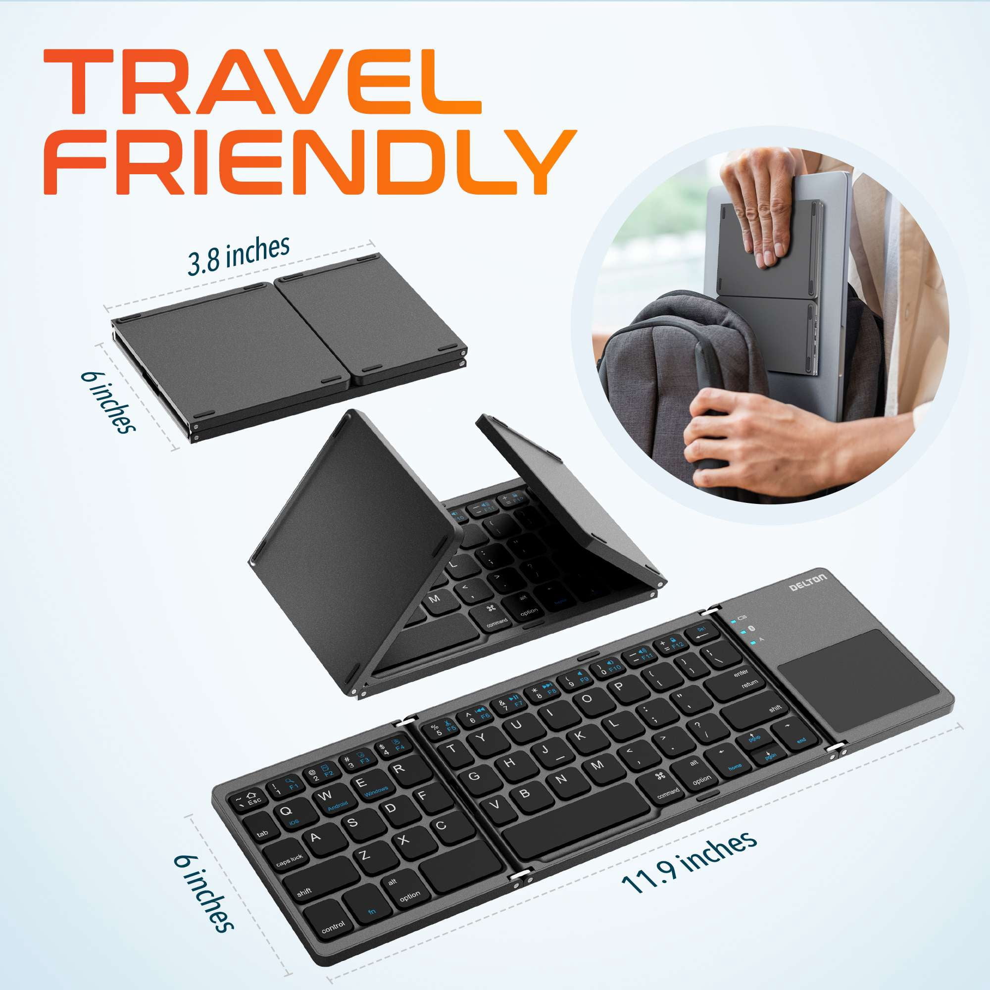 Delton F75 Bluetooth Keyboard with Sensitive Touchpad, Compact and Portable Design, Rechargeable Wireless Foldable Keyboard, Compatible with PC, Laptop, iMac, Tablets & Smartphones - Black