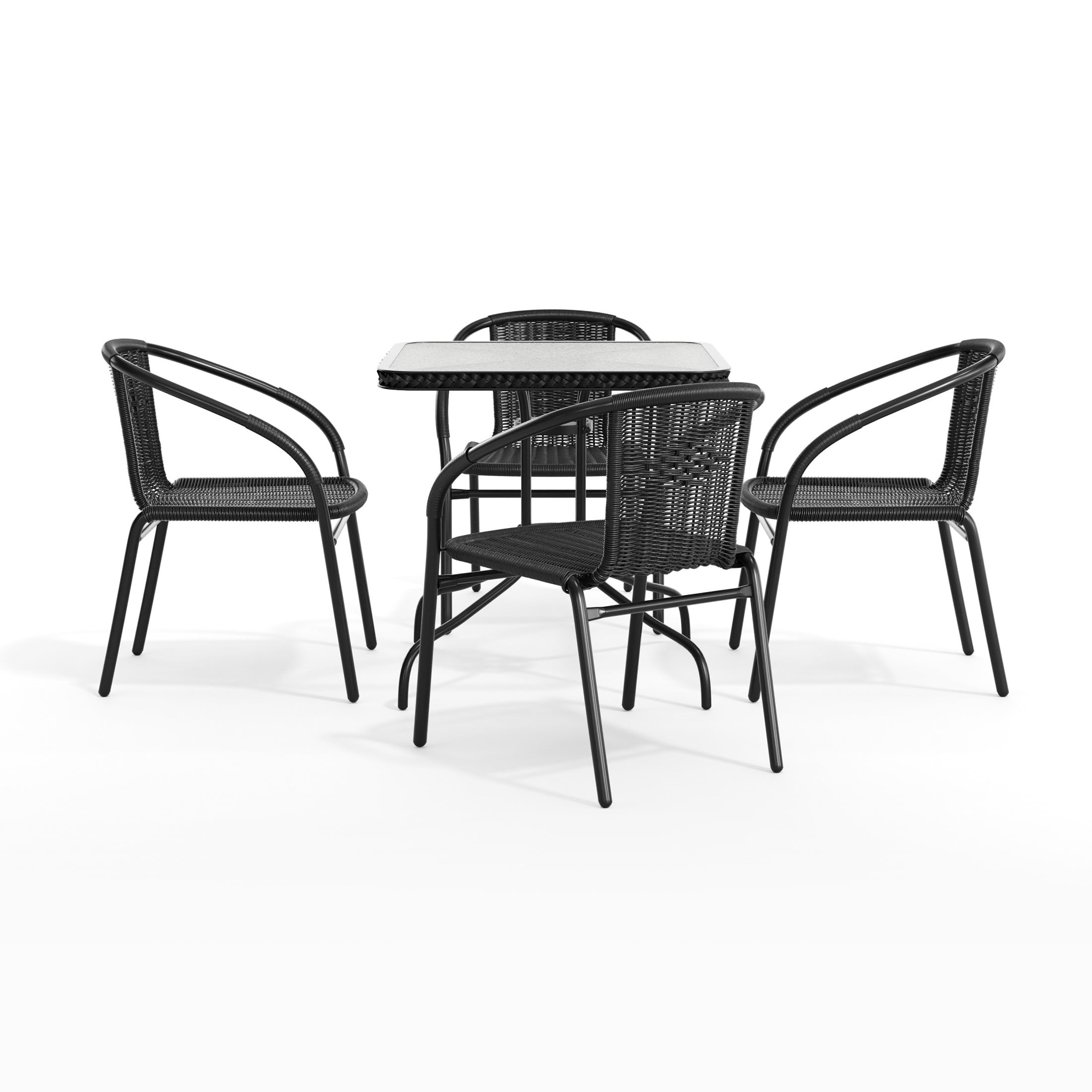 Flash Furniture 28'' Square Glass Metal Table with Black Rattan Edging and 4 Black Rattan Stack Chairs