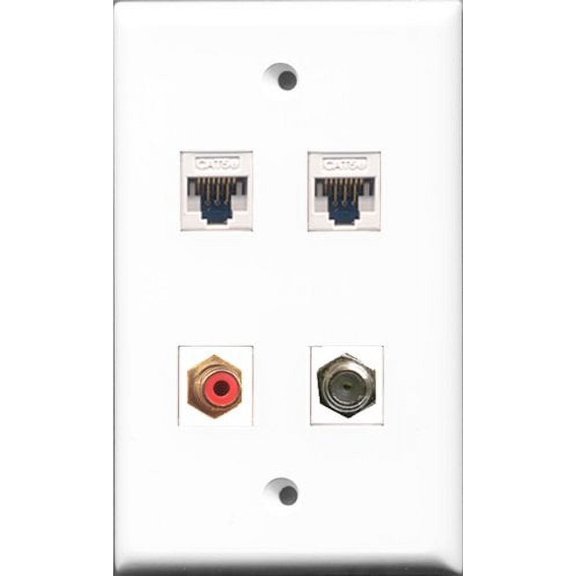 RiteAV - 1 Port RCA Red and 1 Port Coax Cable TV- F-Type 2 Port Cat5e Ethernet White Wall Plate