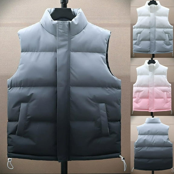 FRSASU Mens Stand Collar Gradient Down Vest Vintage Soft Casual Thicken Zipper Sleeveless Jacket Pink