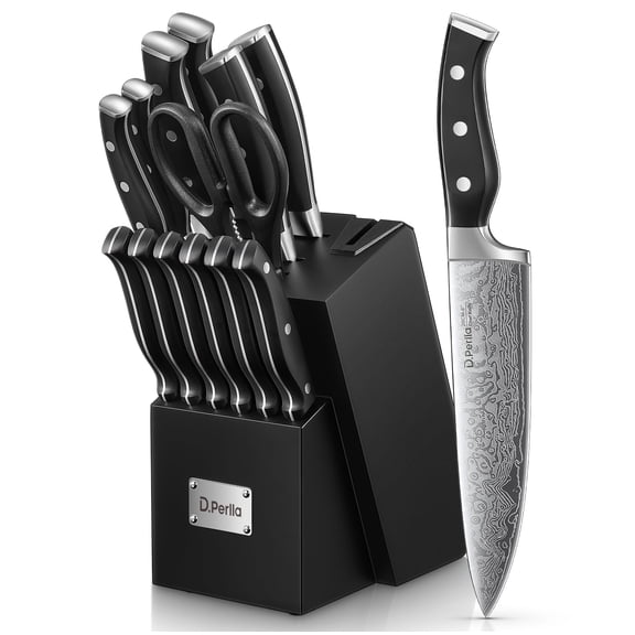 D.Perlla Knife Set, 14 Pcs Kitchen Knives Set with Built-in Sharpener, German Stainless Steel Knife Sets with Block
