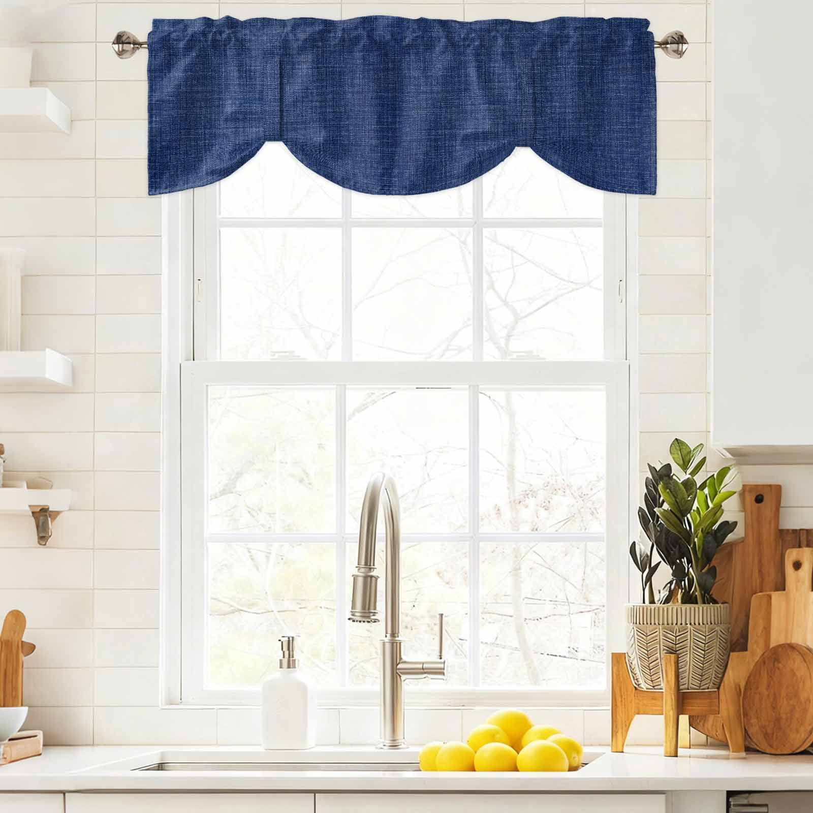 Vintage Navy Blue Tie Up Valance Curtains for Windows, Kitchen Curtains Window Treatments, Farmhouse Retro Dark Solid Color Linen Texture Short Window Valances for Bedroom Bathroom Cafe 42"x18"