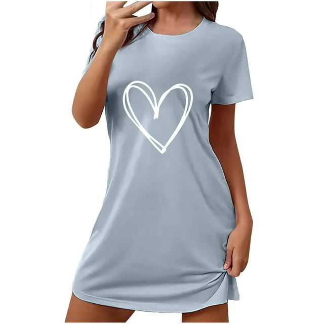 Tauxra Chemise de Nuit Courte à Manches Courtes pour Femmes Grande Taille avec Imprimé Cœur de la Saint-Valentin et Col Rond