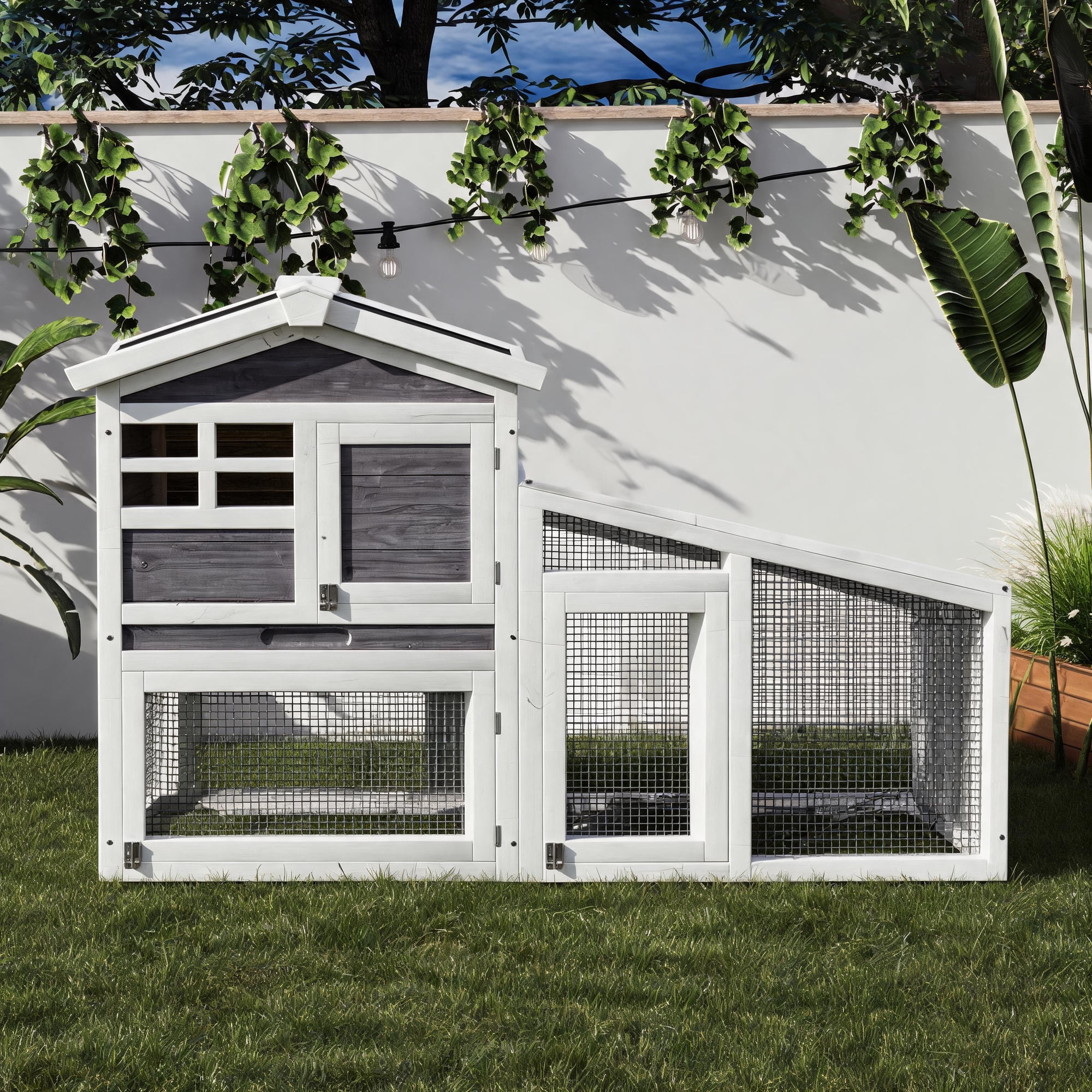2-Story Wooden Small Animal Cage, Indoor Outdoor Rabbit Hutch with Removable Leak-Proof Tray, Weatherproof Asphalt Roof, Anti-Chew Metal Frame Ramp and Wire Netting, Easy Clean Design, Rufous White