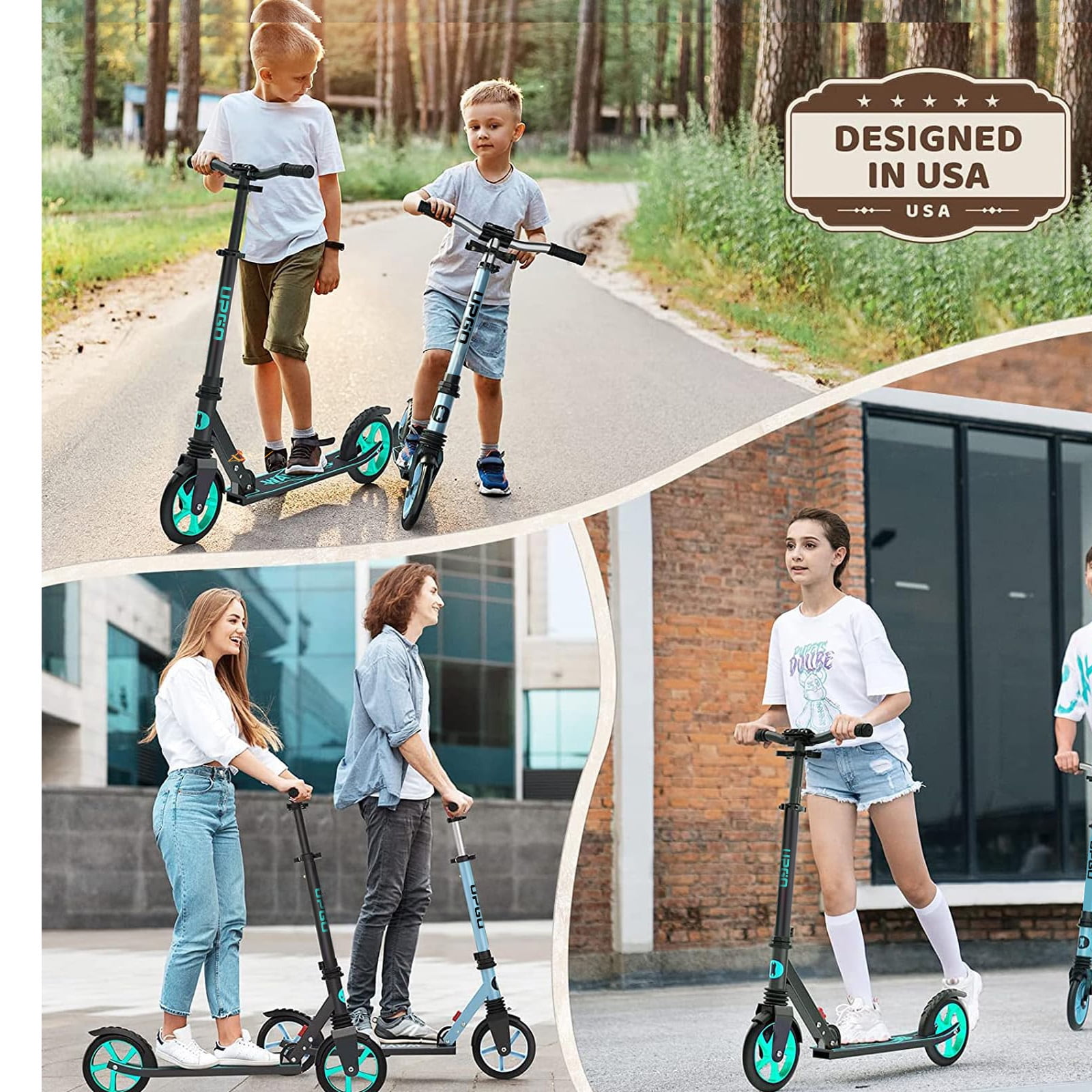 UPGO Kick Scooter for Ages 6+, Kids, Teens & Adults, 240 lb Max Load, Foldable, 8-Inch Wheels,Aquas