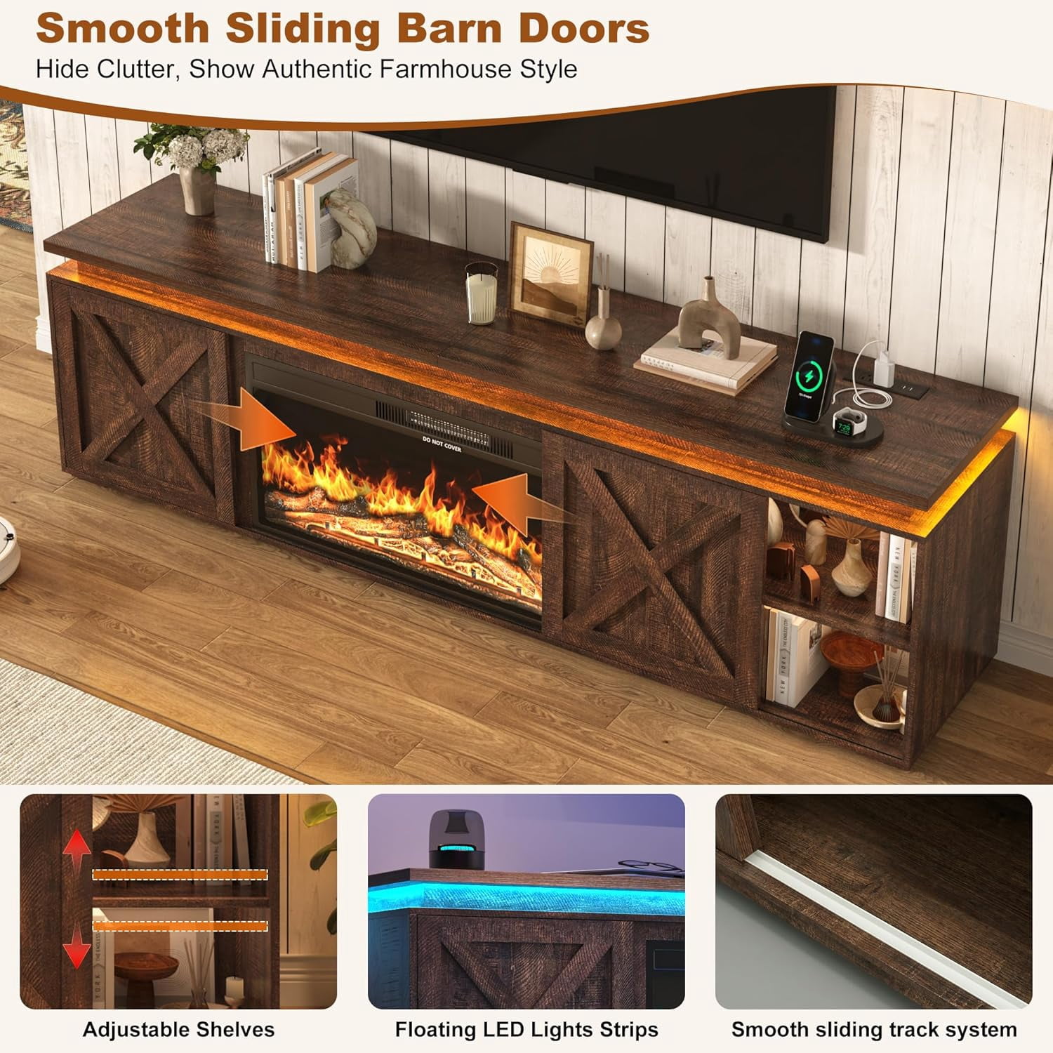 ANPOO 82.7" Fireplace TV Stand for TVs up to 95" with 40" Electric Fireplace, Large Farmhouse Entertainment Center with LED Light & Power Outlets and Sliding Barn Doors for Living Room, Bedroom