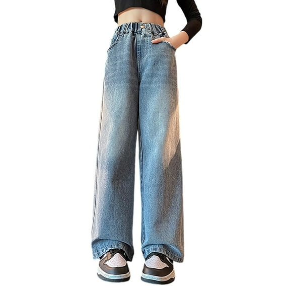 SGMVNU Girls Jeans for Spring Casual Wear Straight Leg Wide Leg Pants for Teen Girls Comfortable Stretch Denim Trousers Kids Age 6-15 Fashion Tween Streetwear(Size 10-11 Years,Blue)