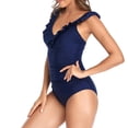 thumbnail image 3 of Traje de baño de una pieza con cuello en V, color puro, fruncido, traje de baño vintage de gran tamaño para nadar, azul oscuro XXL, 3 of 5