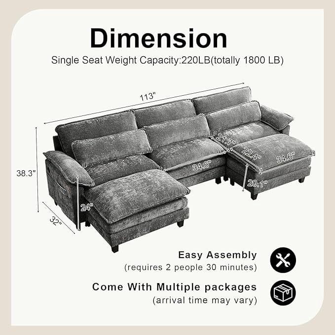 Howcool 113" Modular Sectional Sofa , 3 Seater U-Shaped Cloud Couch with Movable Ottoman, USB Charging Ports & Side Pockets, Sectional couchs for Living Room,Chenille Fabric,Grey