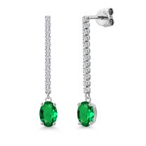 Gem Stone King 14K White Gold Green Nano Emerald and White Lab Grown Diamond Long Liner Dangle Earrings for Women | 1.56 Cttw | Gemstone May Birthstone | Oval 7X5MM | White Gold Chain Drop Earrings