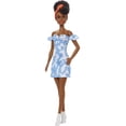 thumbnail image 1 of Barbie Fashionistas Doll #185, cabello negro y al revés, vestido de mezclilla blanqueado en el hombro, naranja Barbie Barbie, 1 of 6