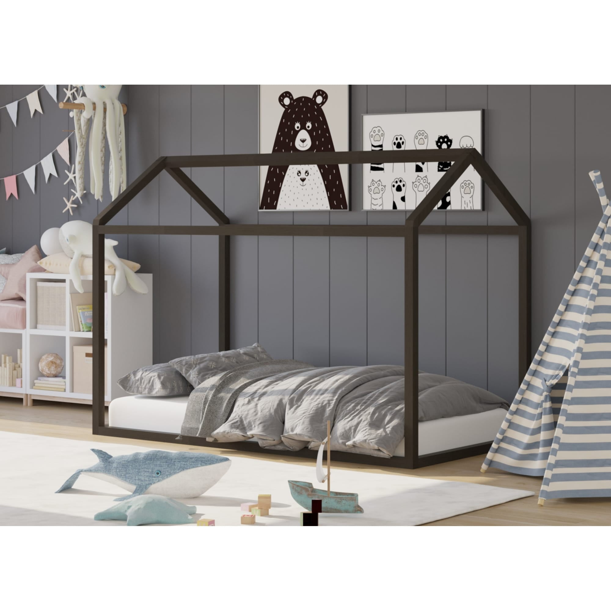Home Design Perry Twin Solid Wood Canopy Bed Frame with House-Shaped Design and Sturdy Construction, Taupe, Easy Assembly