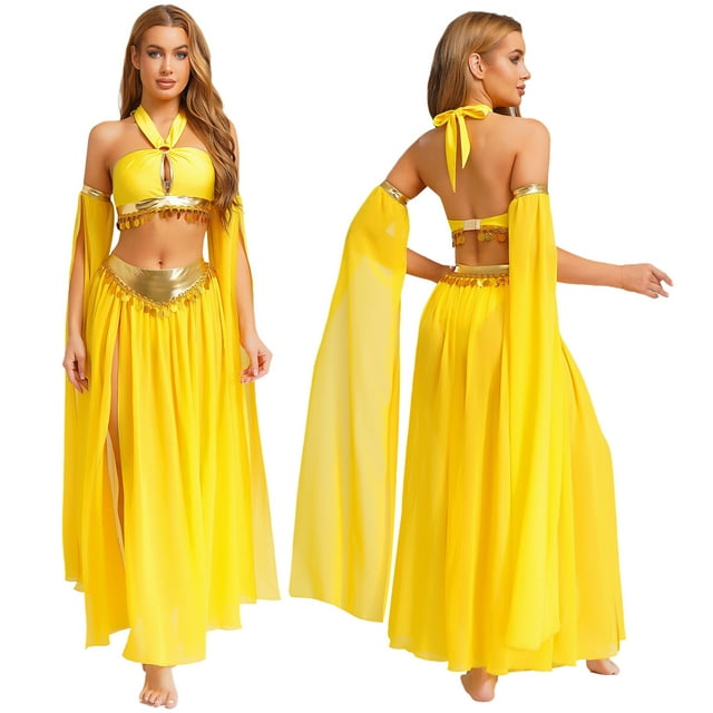 Choomomo Ensemble de Costume de Danse du Ventre pour Femmes 4 Pcs, Haut Robe à Ourlet Doré à Dos Nu et Spectacle de Danse à Manches Longues Jaune TTG