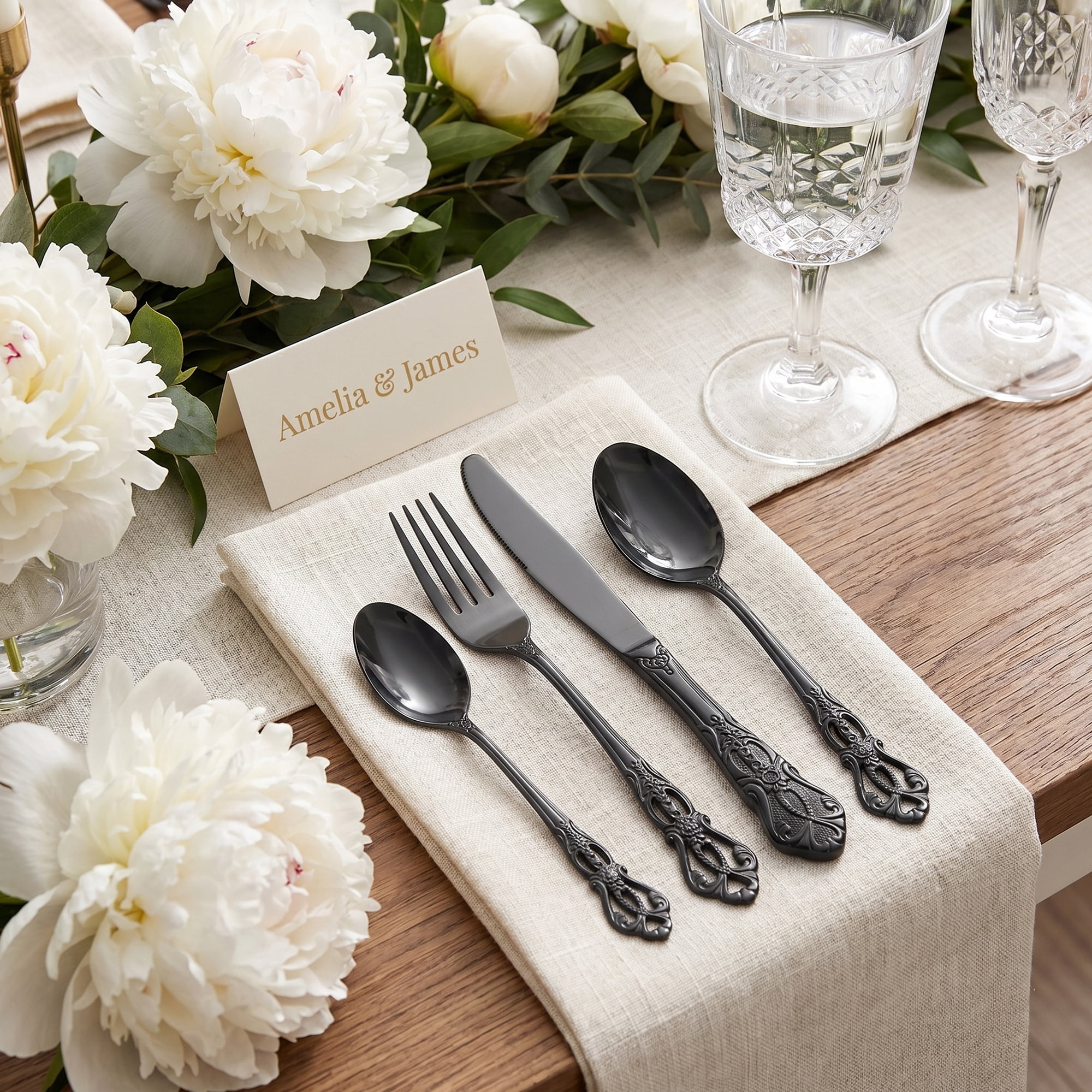 Unique Bargains 24 Piece Stainless Steel Floral Flatware Set for Eating Tableware Black