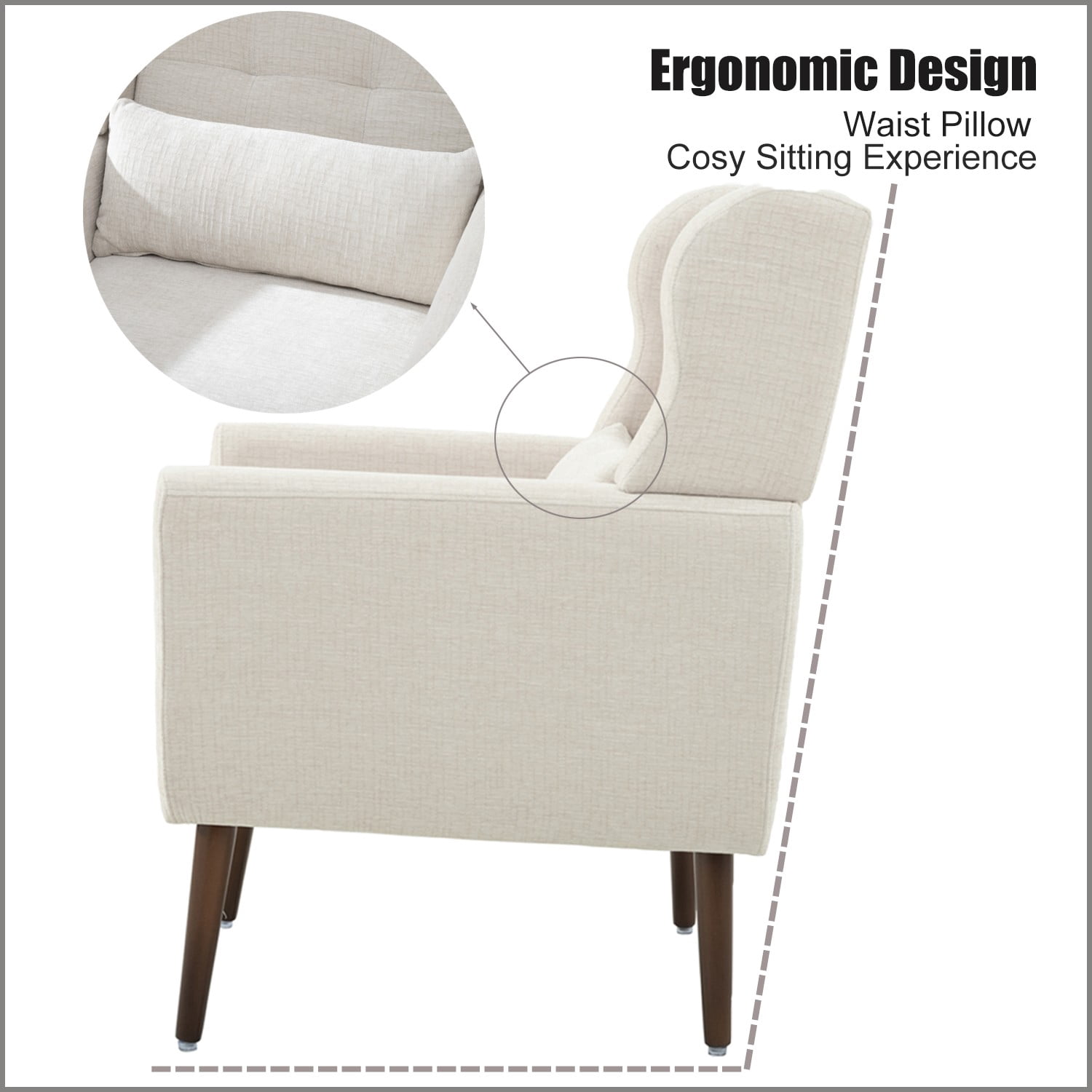 Modern Chenille Accent Chair with Pillow, Upholstered Armchair with Solid Wood Legs, Ergonomic Lounge Chair for Living Room, Bedroom, Reading Room, Small Space, Beige