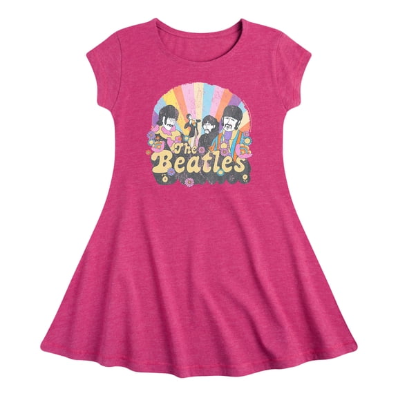 The Beatles - Retro Flower Illustration - Girls Fit And Flare Cap Sleeve Dress