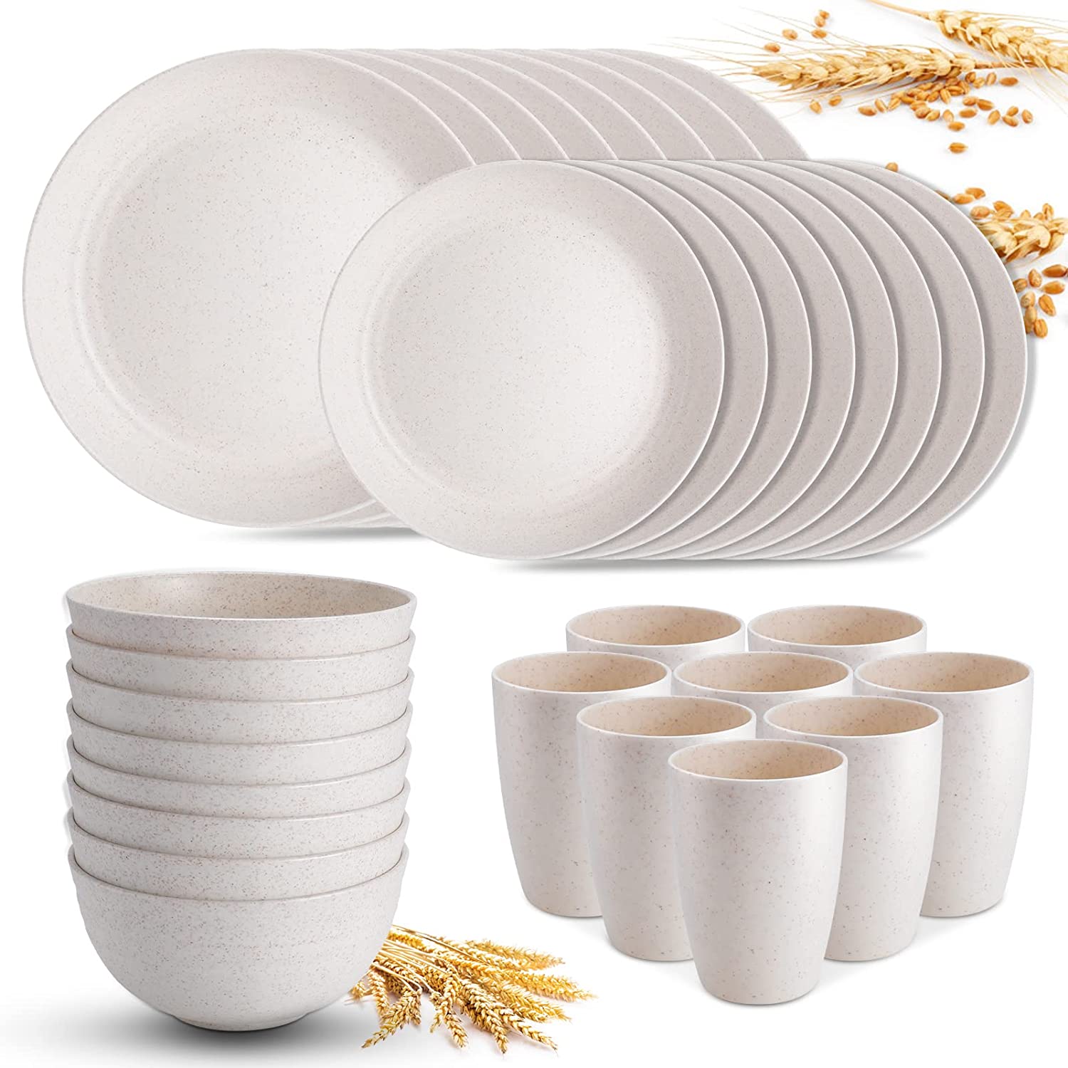 HANMFEI Wheat Straw Dinnerware Sets for 8 (32pcs), Plastic Plates and