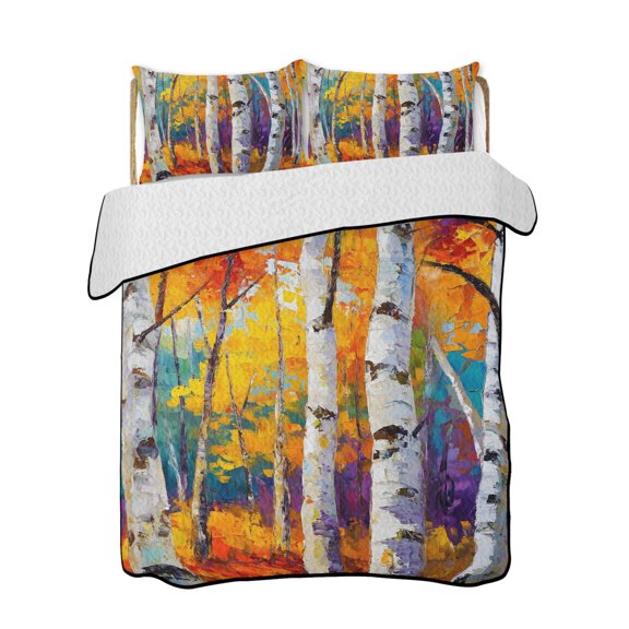 Full Size Quilt Bedding Set, Yellow Grey Forest Reversible Summer Quilt 3 Pieces, Botanical Modern Art Lightweight Bedspreads Coverlets with 2 Pillow Shams for All Seasons