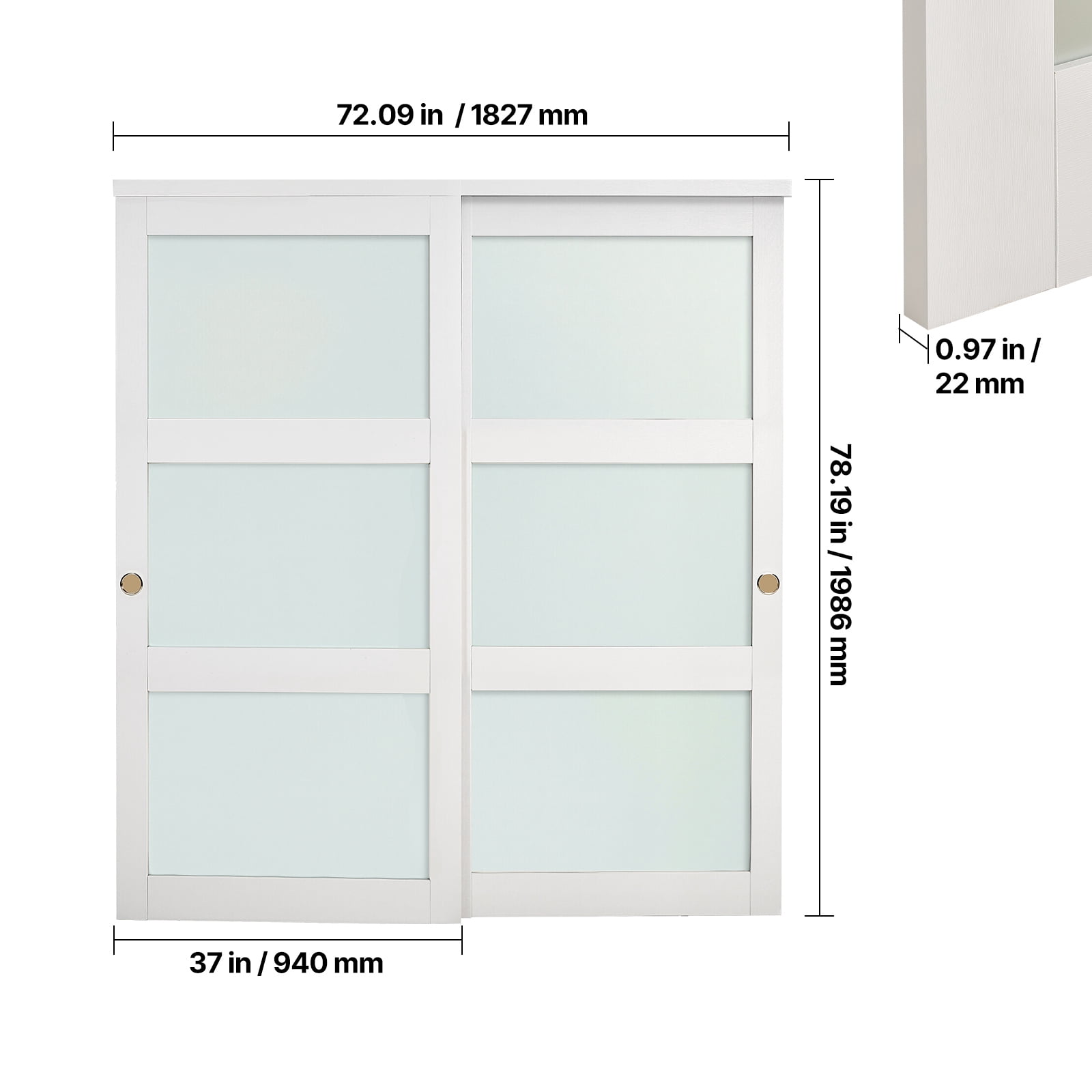 KFFKFF Sliding Closet Door Bypass BL5‑72 Wood & MDF with Frosted Glass 72 x 80 in White 2‑Panel Set