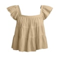 thumbnail image 3 of Womens Cotton Linen T-Shirt Square Neck Ruffle Short Sleeve Pleated Tiered Shirts Flowy Casual Loose Beach Vacation Summer Tops, 3 of 5