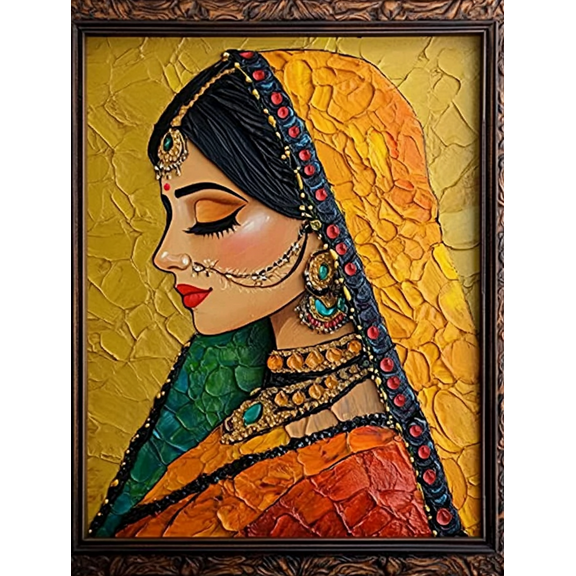 Indian Woman Textured Canvas Painting, Perfect for Living Room, Bedroom, Office, Hallway, and Dining Room Decoration.