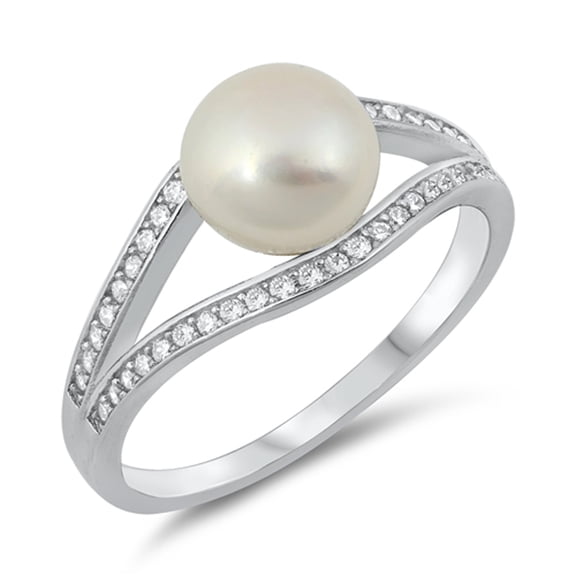 White CZ Simulated Pearl Channel Halo Ring .925 Sterling Silver Band Jewelry Female Size 4