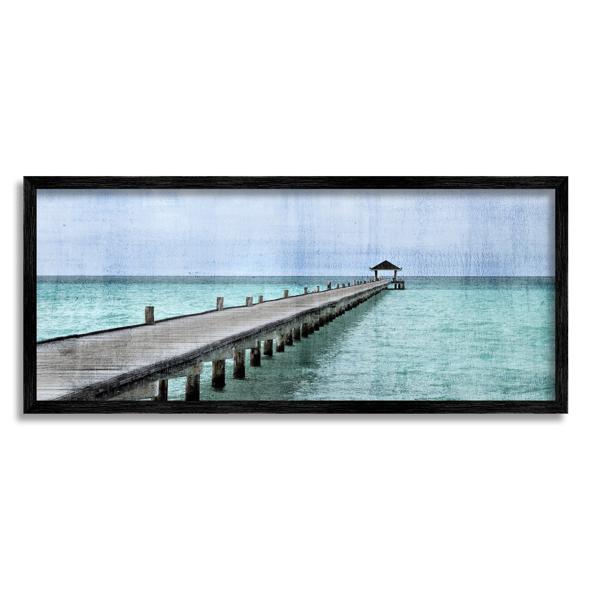 Stupell Industries Long Wharf Beach Paradise Distressed Ocean Waters Landscape Photography Gray Framed Art Print Wall Art, 13 x 30
