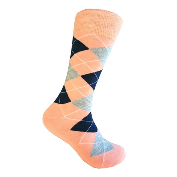 Men's Mid-calf Argyle Plaid Scottish Tartan Wedding Groomsman Gift Party Events Father's Day Presents Dress Casual Socks in Peach with Navy and Gray Color
