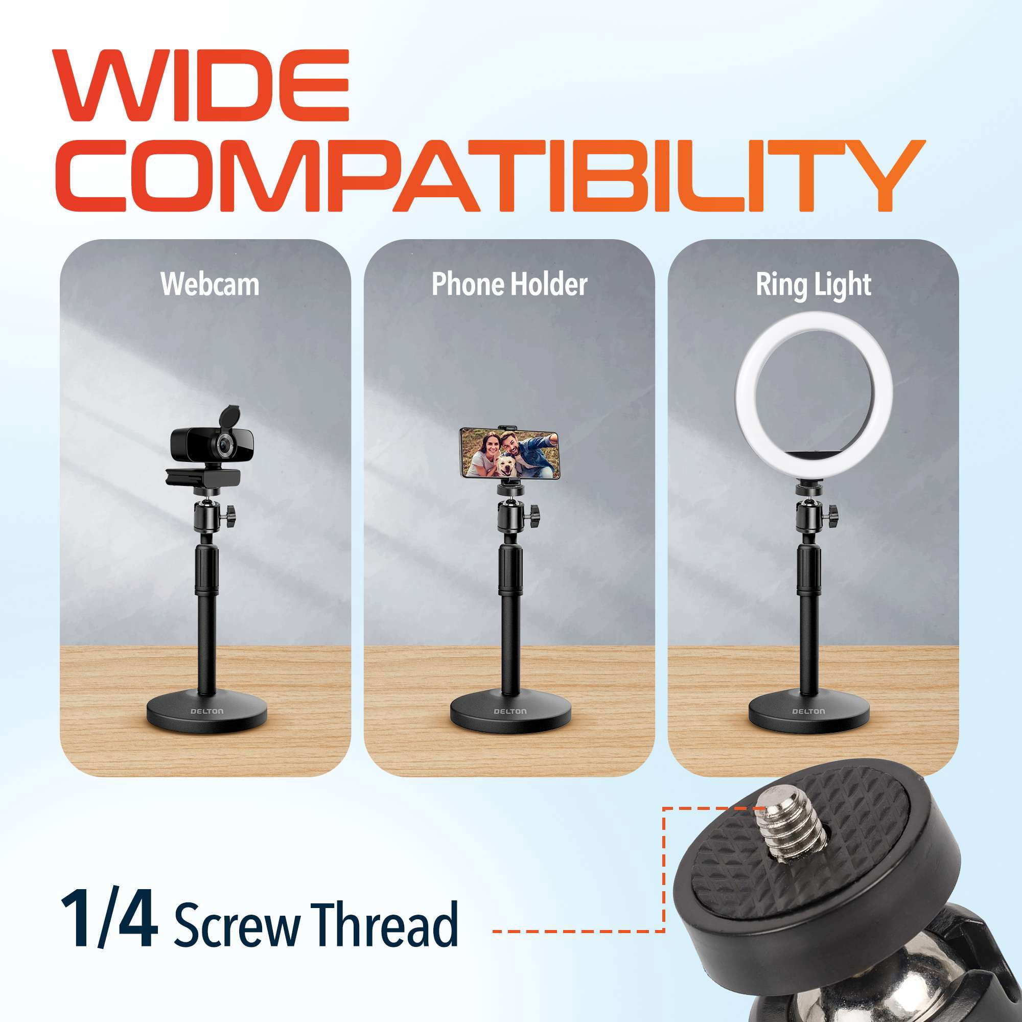 Delton T301 Webcam Stand, Camera Stand for Desk, Adjustable Height & 360Â° Swivel, Desktop Webcam Mount Tripod Holder for Live Streaming, Video Calling, Meetings, Recording, Black
